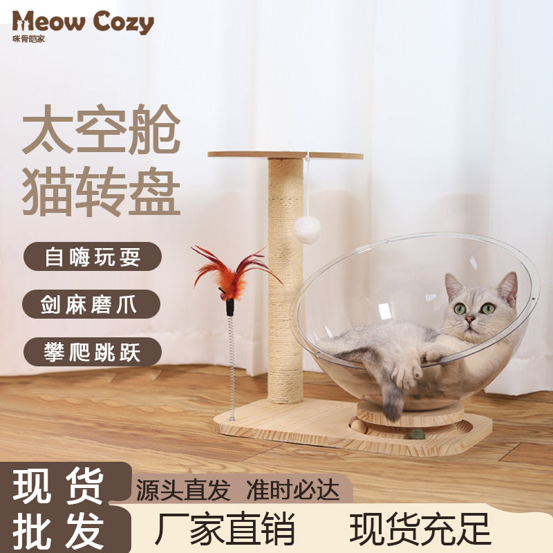 Space Capsule Acrylic Cat Bed with Sisal Scratching Post and Wooden Turntable, All-Season Cat House