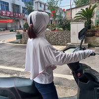 Women's Ice Silk Sun Protection Jacket with Zipper Hood and Wide Brim for Outdoor Activities