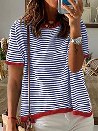 2025 New Knitted Sweater European and American Style Striped Color Block Drop Shoulder Short Sleeve Top