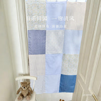 Japanese Pastoral Floral Patchwork Plaid Door Curtain with Tie-Up Design, No-Drill Half Curtain for Bedroom Kitchen Decor