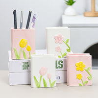 Tulip/Floral Ceramic Book Pen Holder & Makeup Brush Organizer for Desk Decor