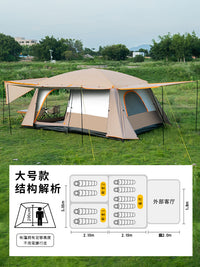 Outdoor Double-Layer Camping Tent with Two Rooms and One Hall, Waterproof Sunscreen Black Glue Coating for 4-12 Person