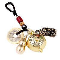 Brass Pixiu Gourd Five-Emperor Coin Keychain with Zodiac Animal Charms