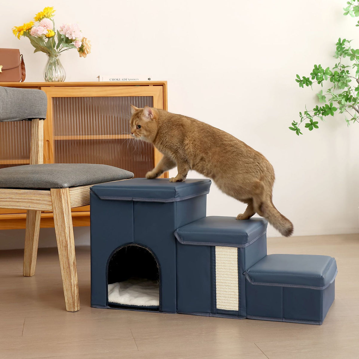 Foldable Pet Stairs for Dogs and Cats - Waterproof Tech Fabric Pet Ramp for Bed and Sofa Access