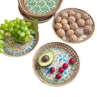 Handwoven Rattan Fruit Basket with Shell Inlay, Decorative Round Hollow Snack Tray for Living Room