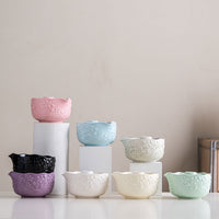 Embossed Cherry Blossom Ceramic Matcha Bowl Set with Spout - 7 Pieces