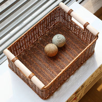 Kens Vintage Woven Rattan Storage Basket with Handles for Snacks, Sundries, and Cabinet Organization