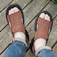 Men's Leather Casual Beach Sandals with Thick Sole and Non-slip Design, Two-way Wear