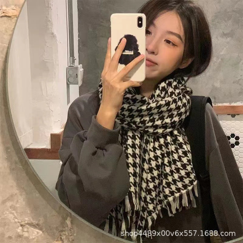 Women's Houndstooth Plaid Scarf, Thickened Warm Korean Style for Autumn/Winter