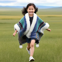 Kids' Ethnic Style Knitted Cardigan with Faux Fur Collar - Yunnan Lijiang Travel Cape