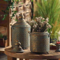 Rustic Iron Vase with Lid and Handles - Distressed Finish Decorative Storage Box