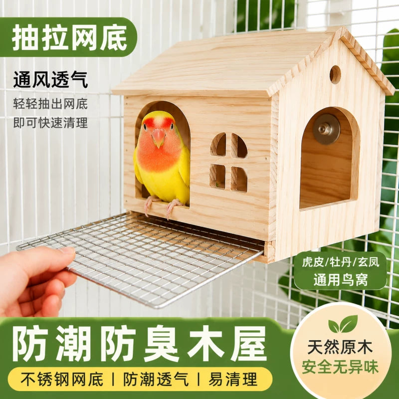 Parakeet Breeding Nest Box with Stainless Steel Mesh Bottom, Moisture-proof Solid Wood Bird House