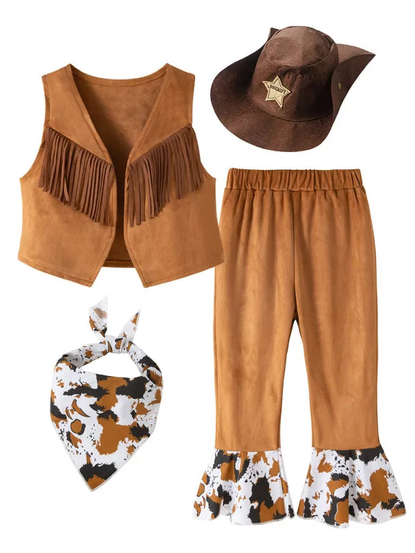 Kids Western Cowboy Costume Set with Fringed Vest and Hat for Role Play & Performances