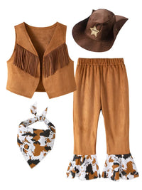 Kids Western Cowboy Costume Set with Fringed Vest and Hat for Role Play & Performances