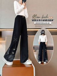 Girls' Wide-Leg Jeans with Butterfly Patch, Casual Denim Trousers for Students