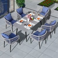 Outdoor Rattan Woven Dining Set with Aluminum Alloy Frame and Rock Slab Tabletop for Patio Balcony Garden