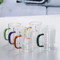 Heat-Resistant Borosilicate Glass Mugs with Colored Handles, Set of 6