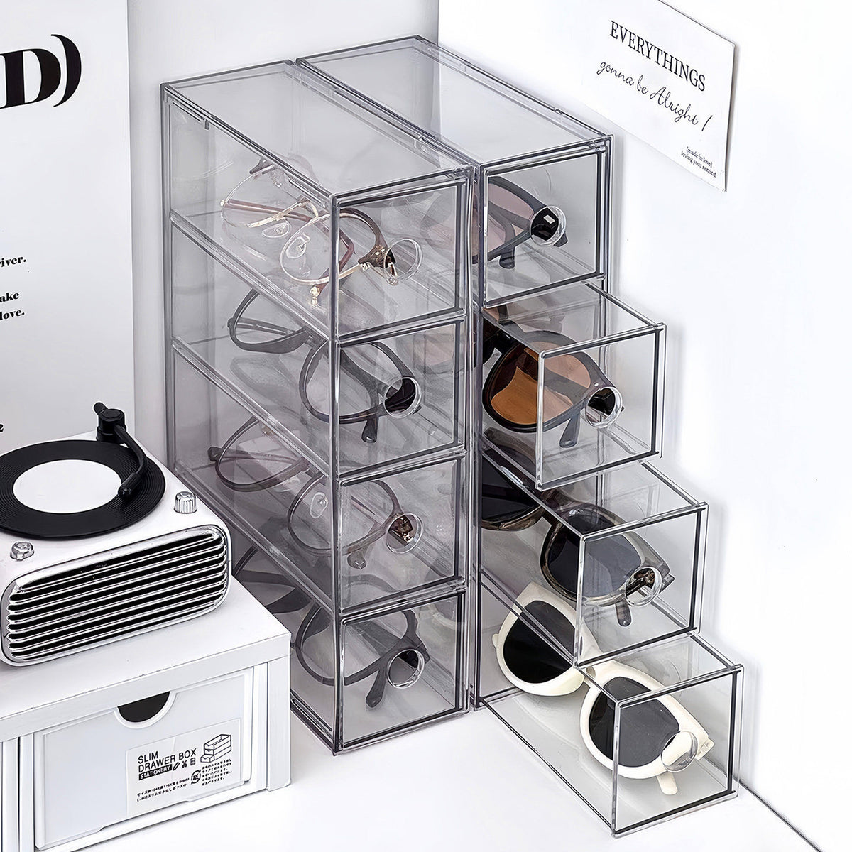 Clear Acrylic Stackable Drawer Sunglasses Organizer Box Multi-Grid Large Capacity Eyewear Storage