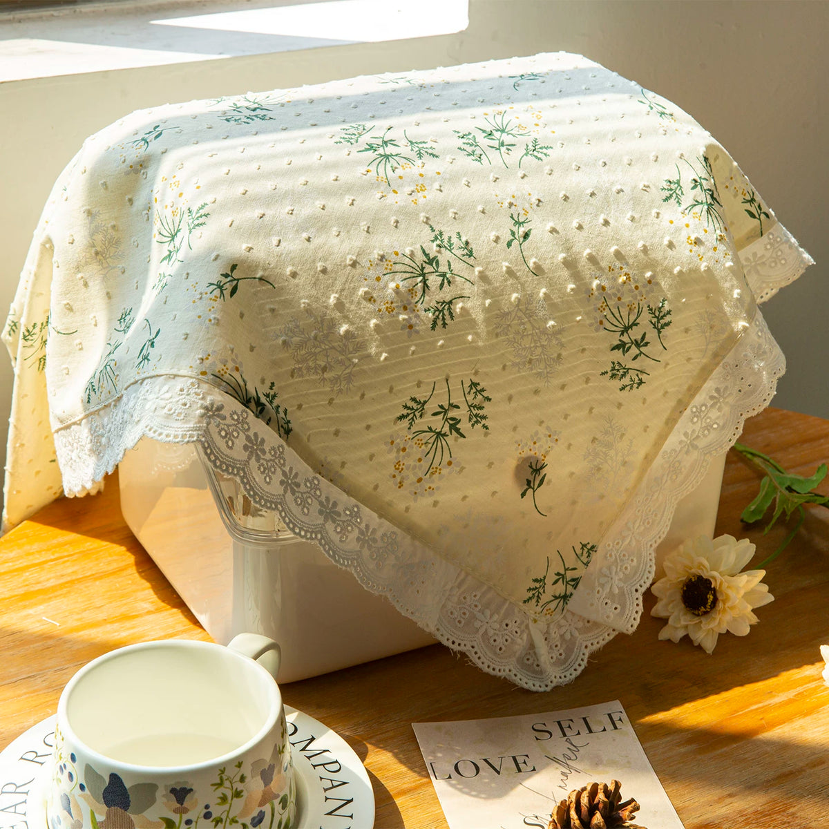 Floral Cotton Dustproof Appliance Cover & Tablecloth with Lace Trim for Small Appliances & Tables