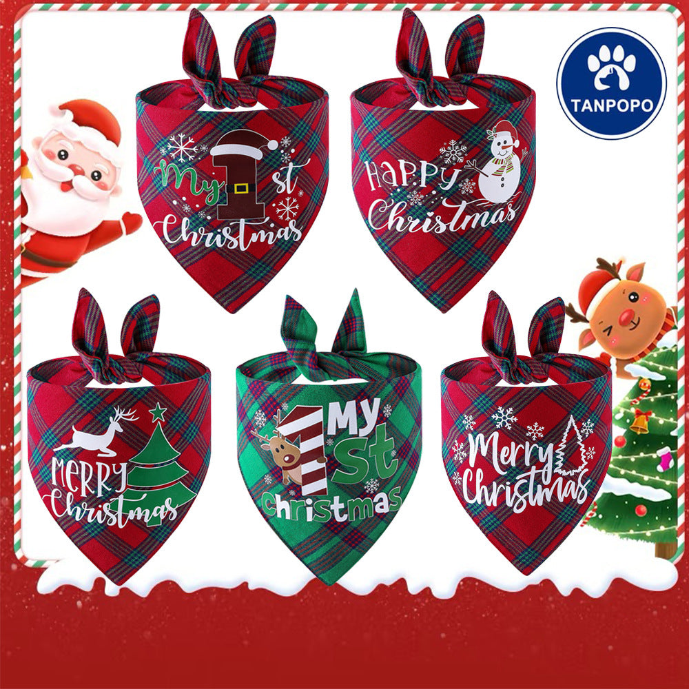Christmas Plaid Pet Bandana Double-Layer Cotton Dog Scarf