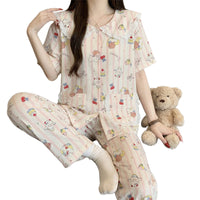 Cute Cloud Cotton Pajama Set for Women, Doll Collar Short Sleeve Top & Long Pants Homewear
