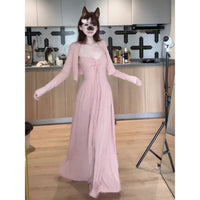 Women's Early Autumn Pink Strapless Dress and Cardigan Set with Waist-Cinching Design