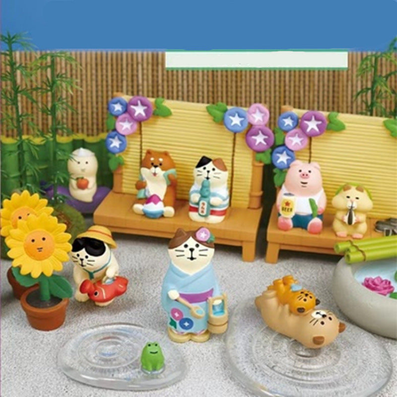 Zakka Japanese Style Summer Garden Cat Miniature Resin Figurines for Micro Photography Decor