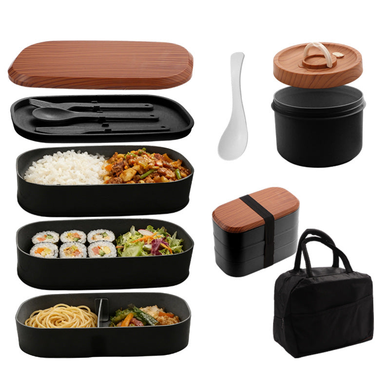 Wood Grain Double/Triple Layer Lunch Box Set with Compartments, Microwave Safe Bento Box for Students and Office