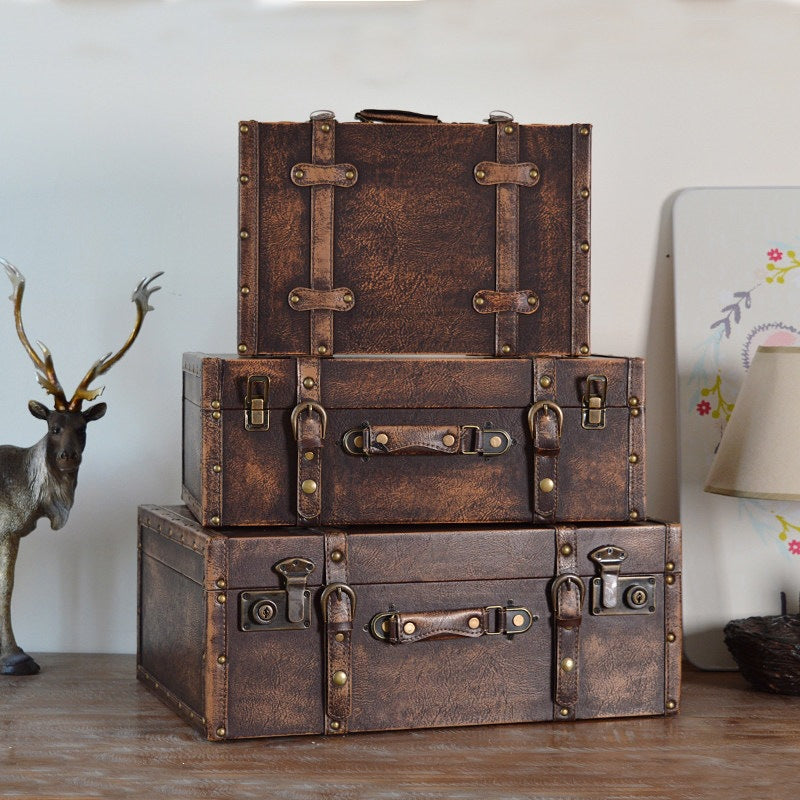 Vintage European Style Wooden Storage Trunk Suitcase with Faux Leather Accents for Decor and Photography Props