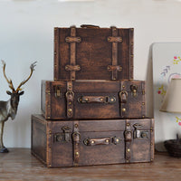 Vintage European Style Wooden Storage Trunk Suitcase with Faux Leather Accents for Decor and Photography Props