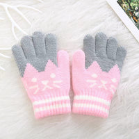 Kids Winter Warm Fleece Lined Gloves for Boys and Girls - Cartoon Cat Design