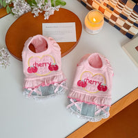 Pet Cat Small Dog Embroidered Cherry Denim Princess Dress Cotton Autumn Winter Base Layer