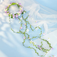 Forest Style Floral Garland Headband with Long Tassels and Green Leaves for Brides and Stage Performances