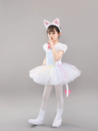 Kids Sequin Cat Costume Set with Headpiece, Foot Covers, Tail, and Bow for Dance Performance