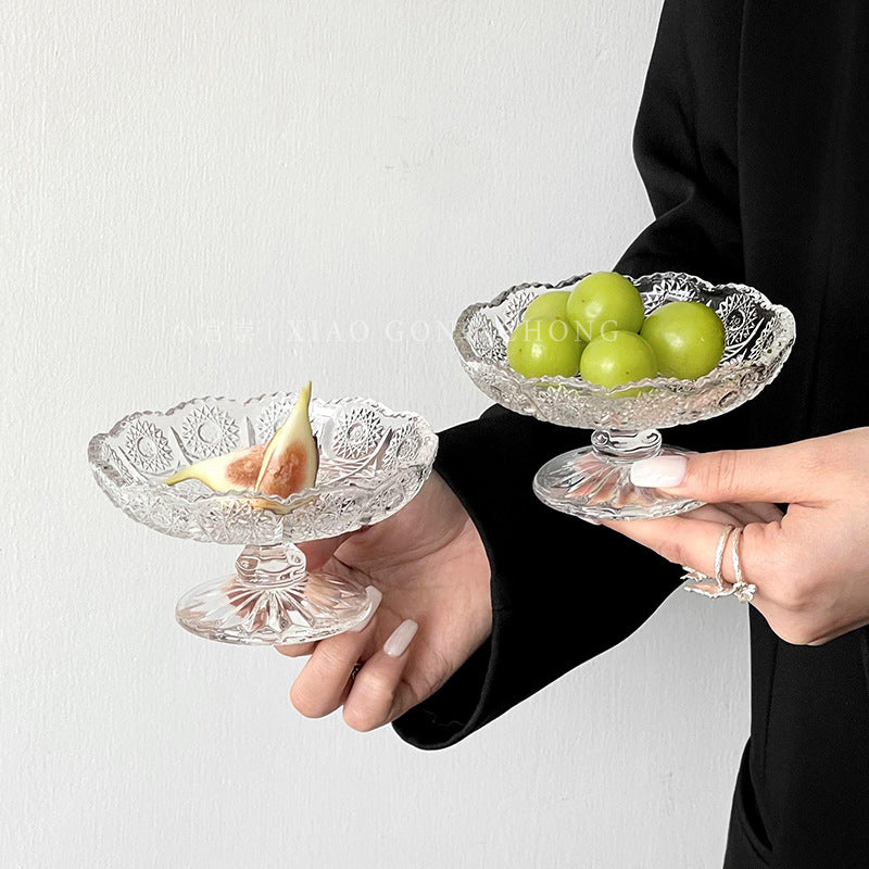 Elegant Embossed Glass Pedestal Fruit Bowl for Candy, Snacks, and Desserts