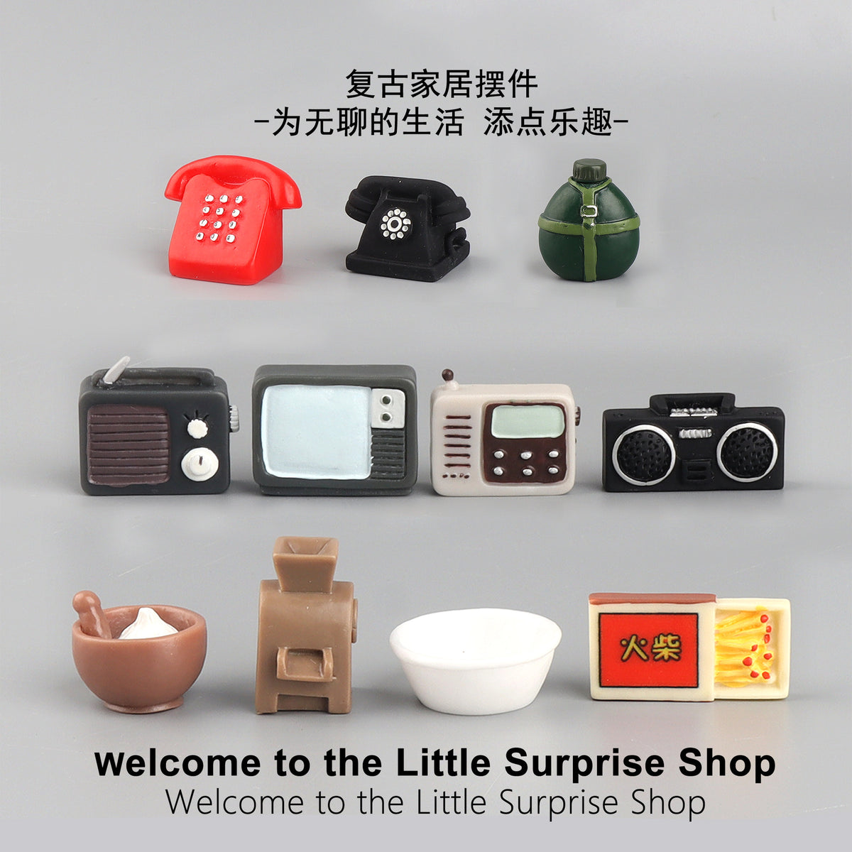 Miniature Retro Dollhouse Decor Accessories - TV, Radio, Mortar, Rice Mill