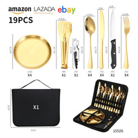 Outdoor Camping Picnic BBQ Stainless Steel Cutlery Set with Bag - Steak Knife Fork Spoon Set