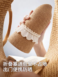 Foldable Straw Sun Hat for Women - Wide Brim Beach Fisherman Cap with Pearl Embellishment