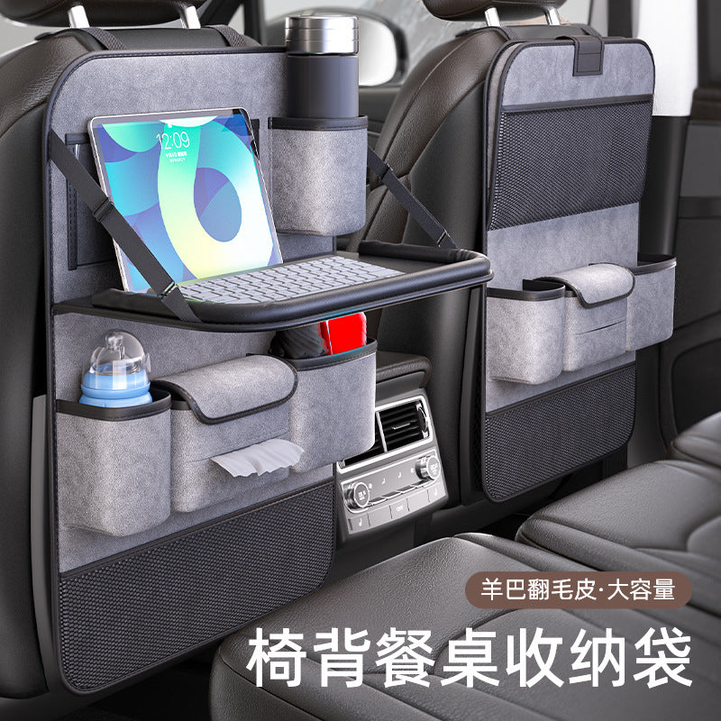 Car Seat Back Organizer with Foldable Dining Table and Tissue Box, Suede Leather
