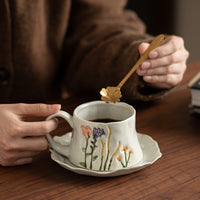 Hand-Painted 3D Floral Ceramic Coffee Cup and Saucer Set with Spoon, High-Value Breakfast Mug Gift for Women