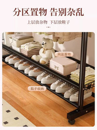 Heavy Duty Double Rod Garment Rack with Wheels, Floor Standing Clothes Hanger for Bedroom, Storage Shelf