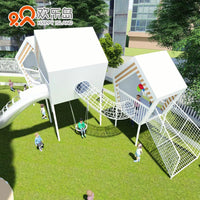 Kids Outdoor Wooden Playhouse Treehouse Platform Swing Set with Stainless Steel Slide