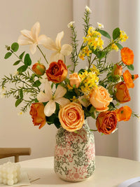 Artificial Orange Rose Bouquet with Ceramic Vase for Home and Hotel Decor