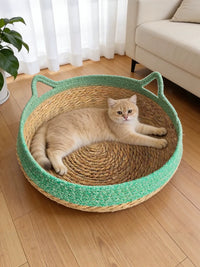 Handwoven Rattan Cat Bed with Scratching Board, All-Season Removable Washable Pet Nest