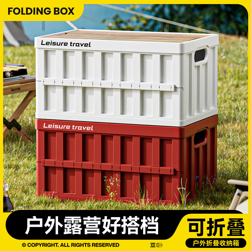 Outdoor Camping Storage Box with Wooden Lid - Foldable Car Trunk Organizer
