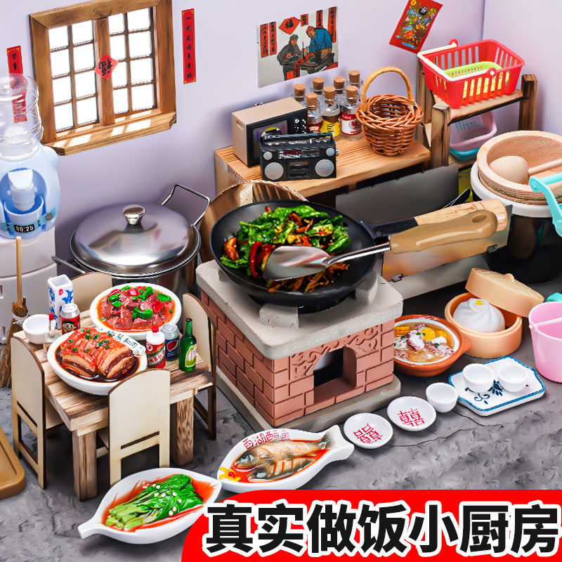 Mini Kitchen Playset with Real Cooking Function for Kids, Simulation Cookware Toy for Boys and Girls