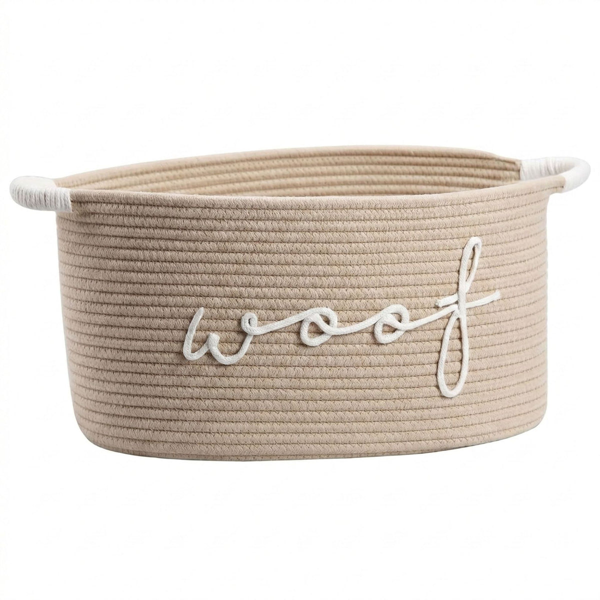 Handwoven Cotton Rope Pet Toy Storage Basket with "WOOF" Design