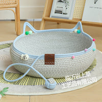 Hand-Woven Rattan Cat Bed with Scratching Board & Play Ball - All Seasons Washable Pet Nest