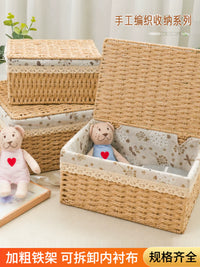 Woven Storage Basket with Lid for Desk, Snacks, Cosmetics, and Sundries