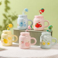 Ceramic Fruit Mug with Lid, Straw, and Handle - 400ml Cute Aesthetic Water Cup